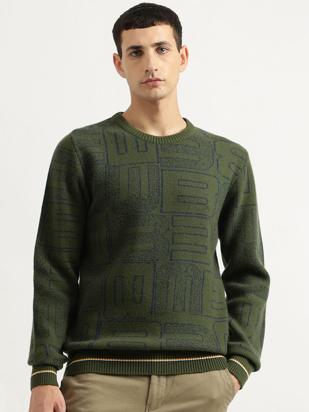 

United Colors of Benetton Men Typography Printed Woollen Pullover, Green