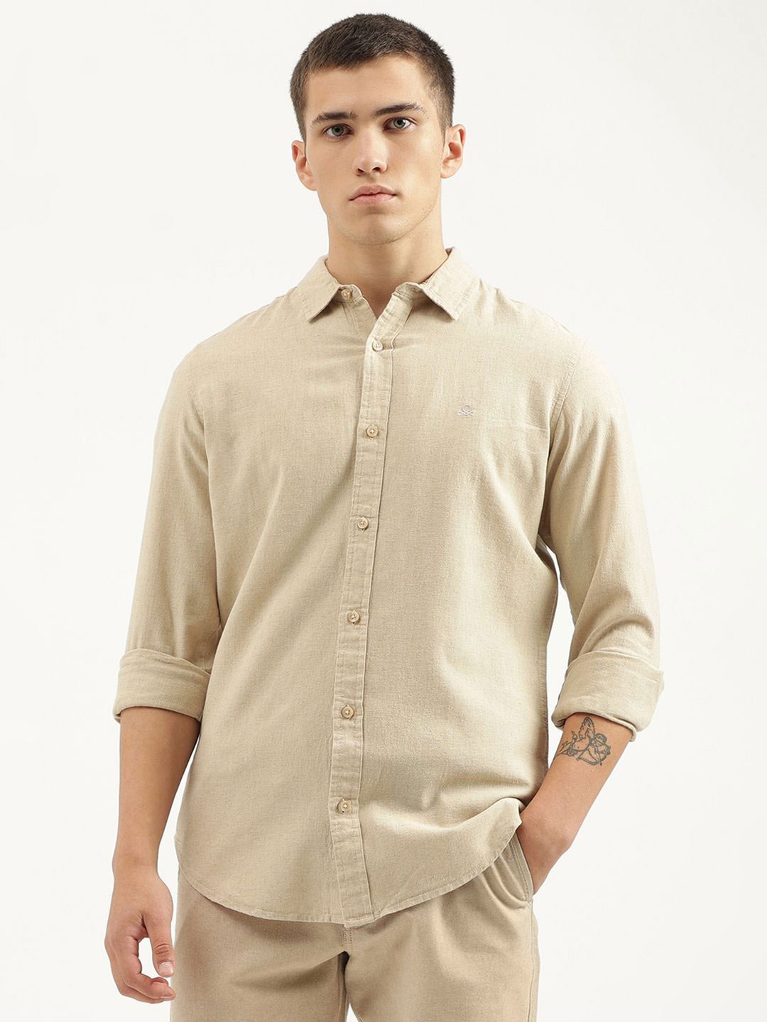 

United Colors of Benetton Men Slim Fit Opaque Casual Shirt, Beige