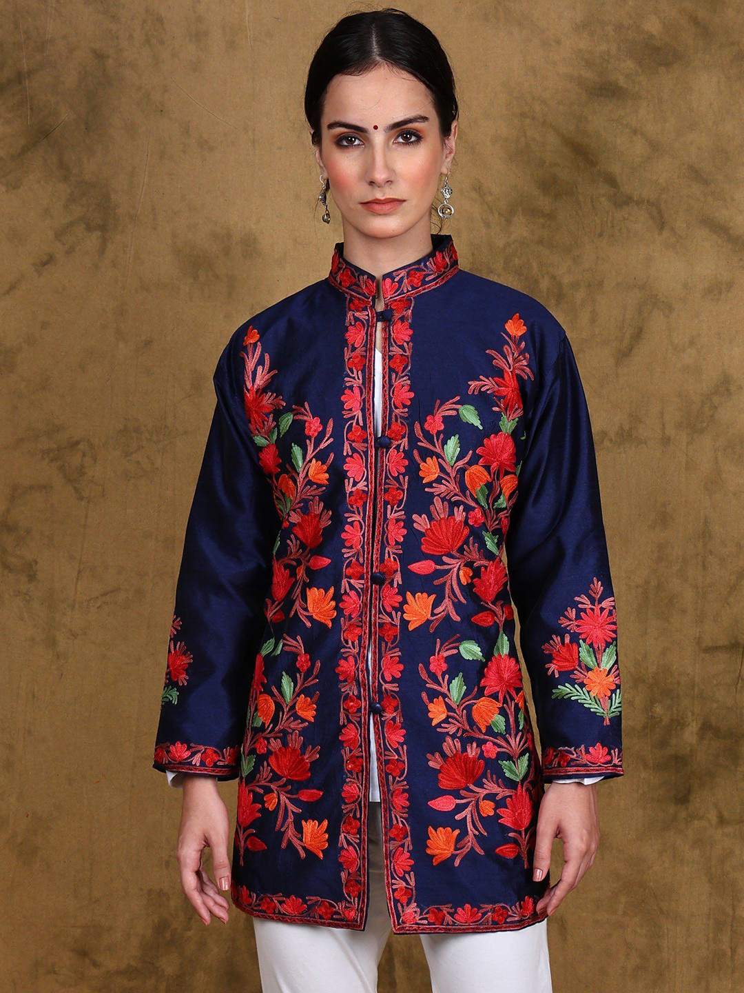 

Exotic India Women Floral Tailored Jacket with Embroidered, Blue