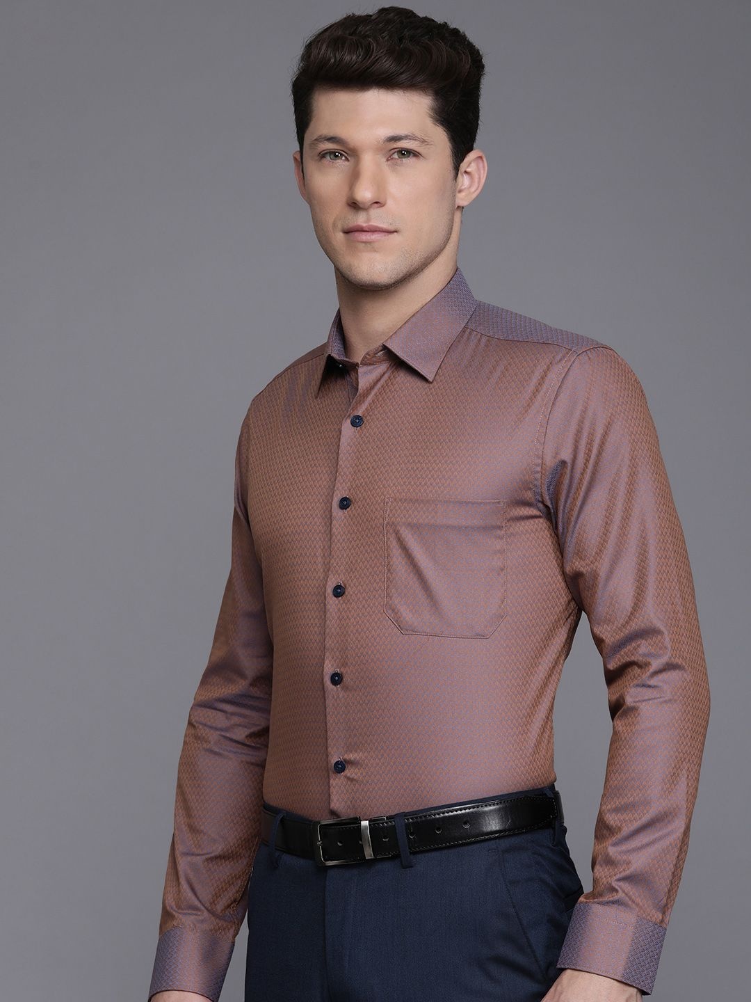 

Louis Philippe Pure Cotton Self Design Textured Slim Fit Formal Shirt, Rust
