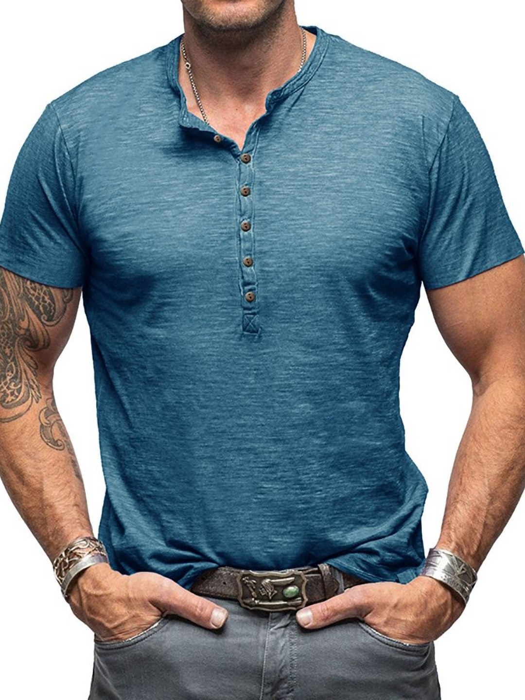 

StyleCast x Revolte Men Solid Mandarin Collar Cotton T-shirt, Blue