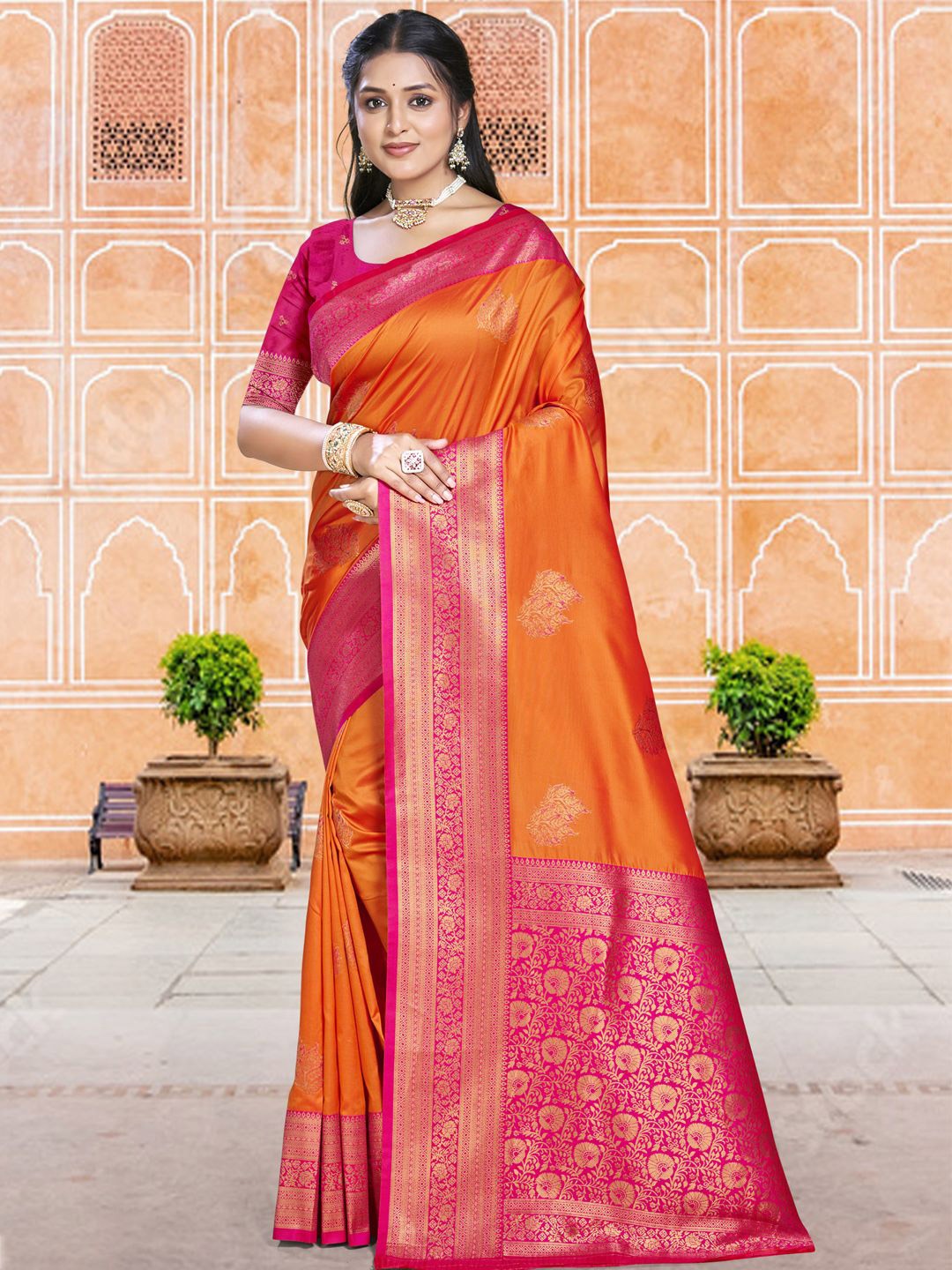 

SANGAM PRINTS Woven Design Zari Silk Blend Tussar Saree, Orange