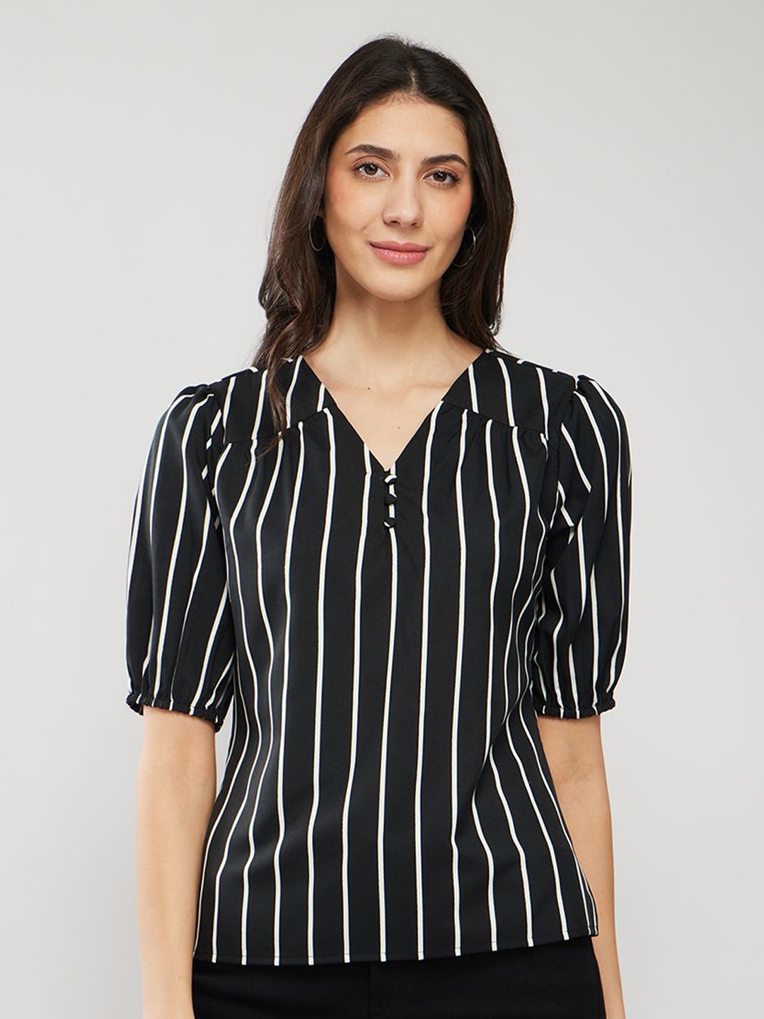 

FableStreet Striped Puff Sleeve Crepe Top, Black