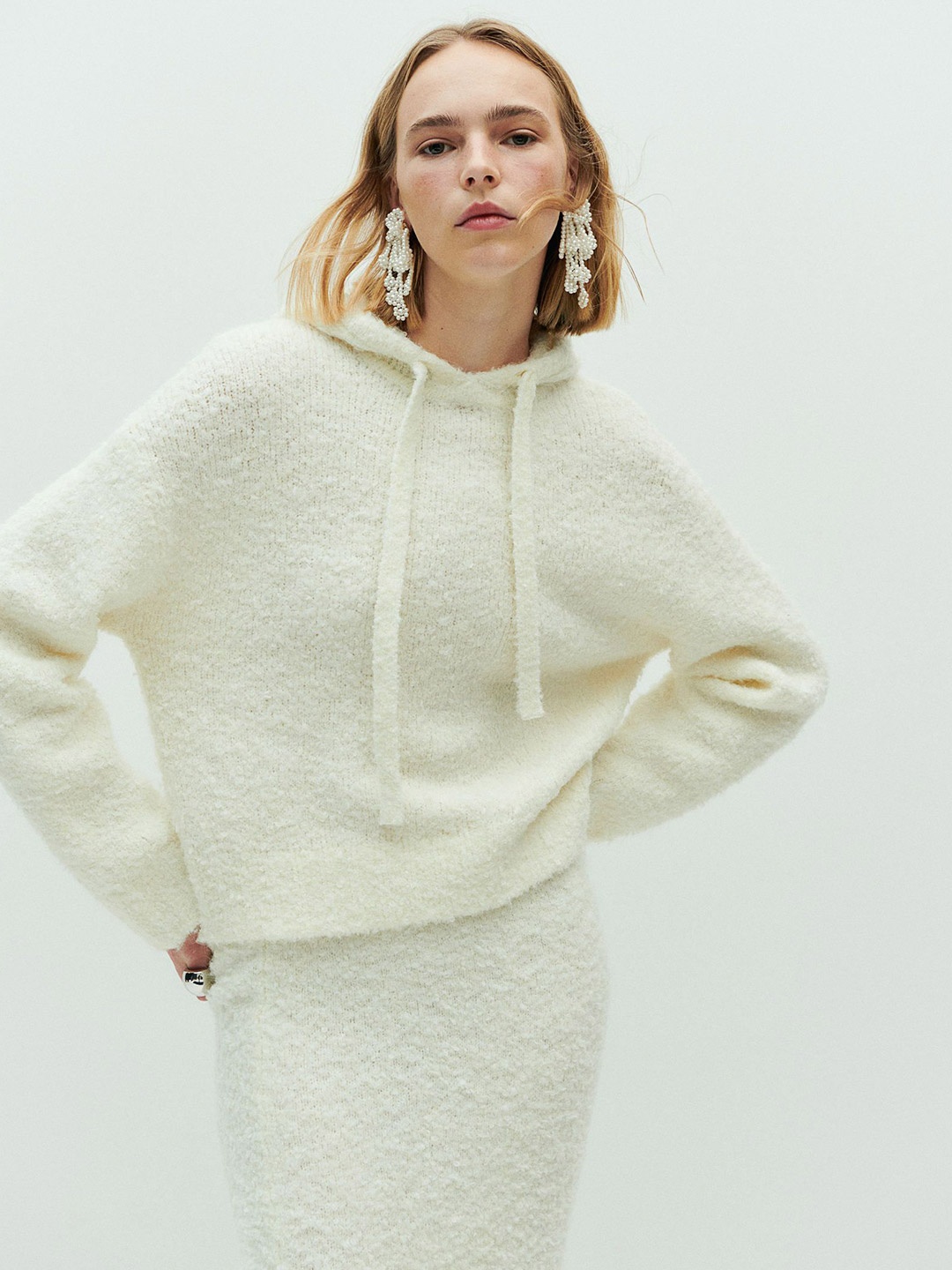 

H&M Boucl-Knit Hoodie, White