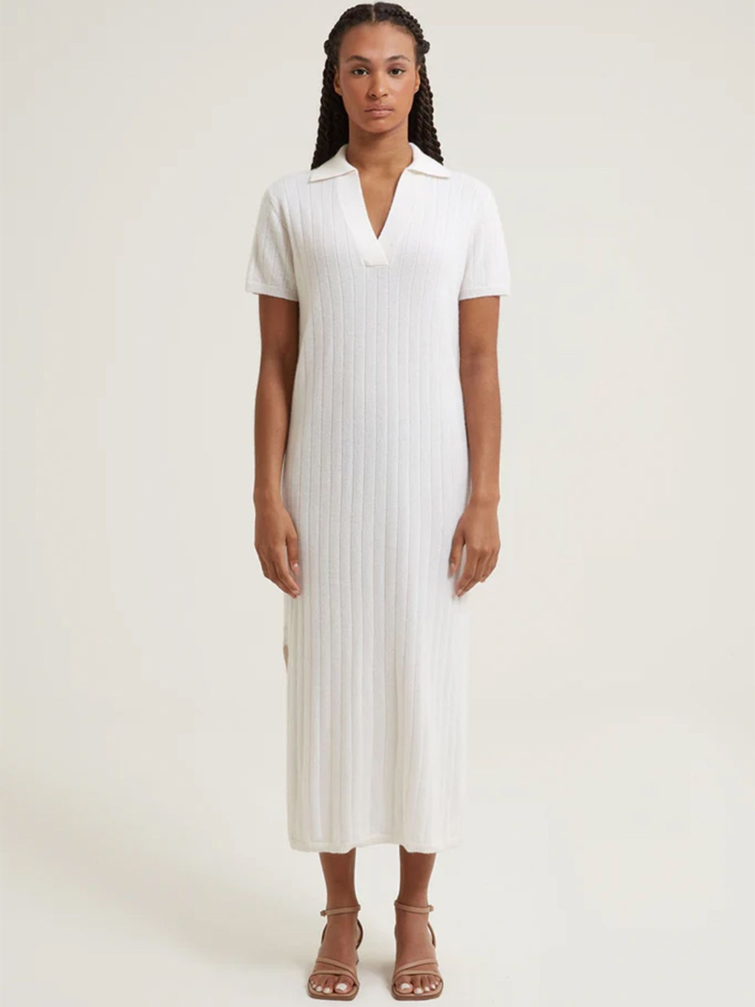 

LULU & SKY Women Cotton Self Design Shirt Collar Midi Dress, White