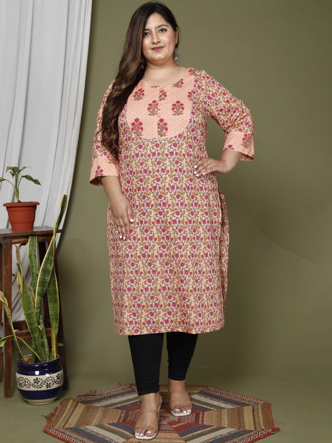 

KALINI Women Floral Printed Floral Kurta, Peach