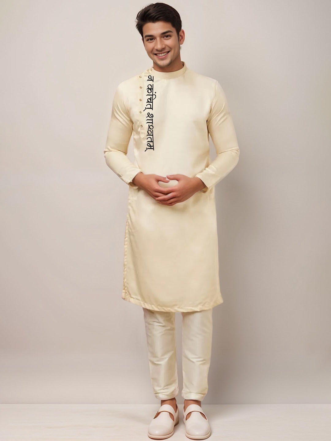 

DEVOILER Men Ethnic Motifs Printed Thread Work Kurta, Beige