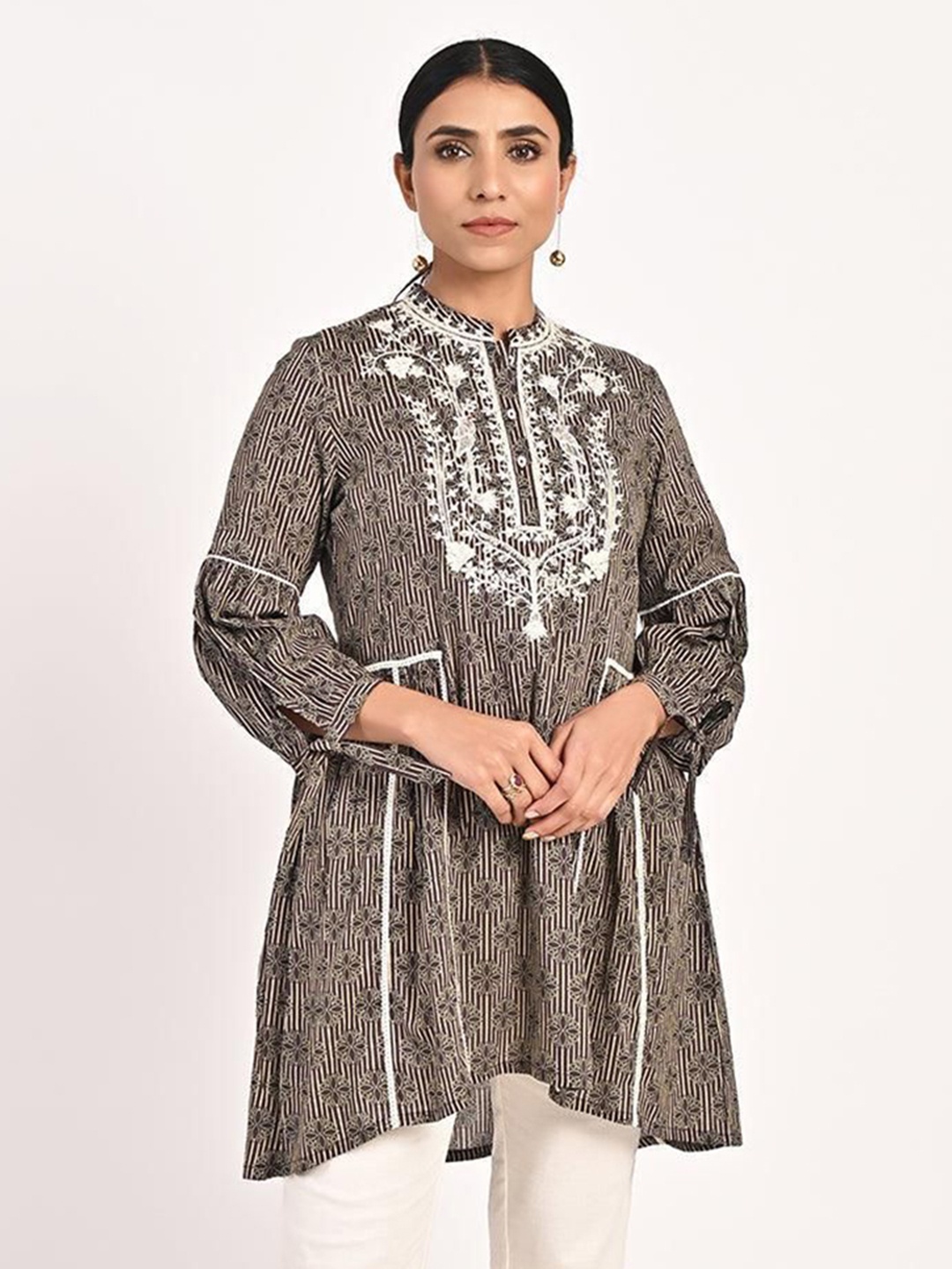 

Lakshita Mandarin Collar Embroidered Bohemian Tunic, Olive