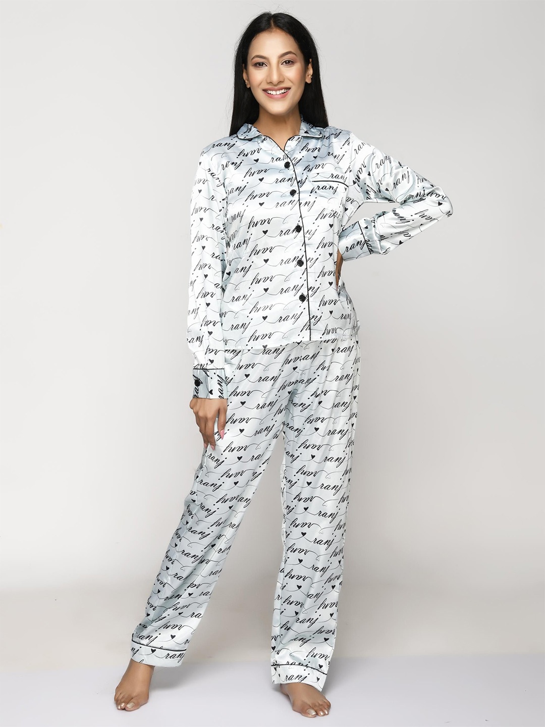 

BAESD Printed Long Sleeve Shirt & Trouser Night Suit, White