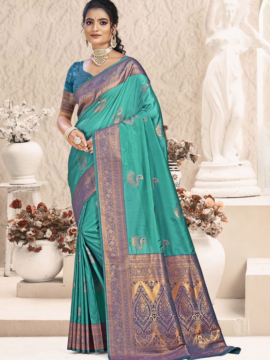 

SANGAM PRINTS Woven Design Zari Silk Blend Tussar Saree, Blue