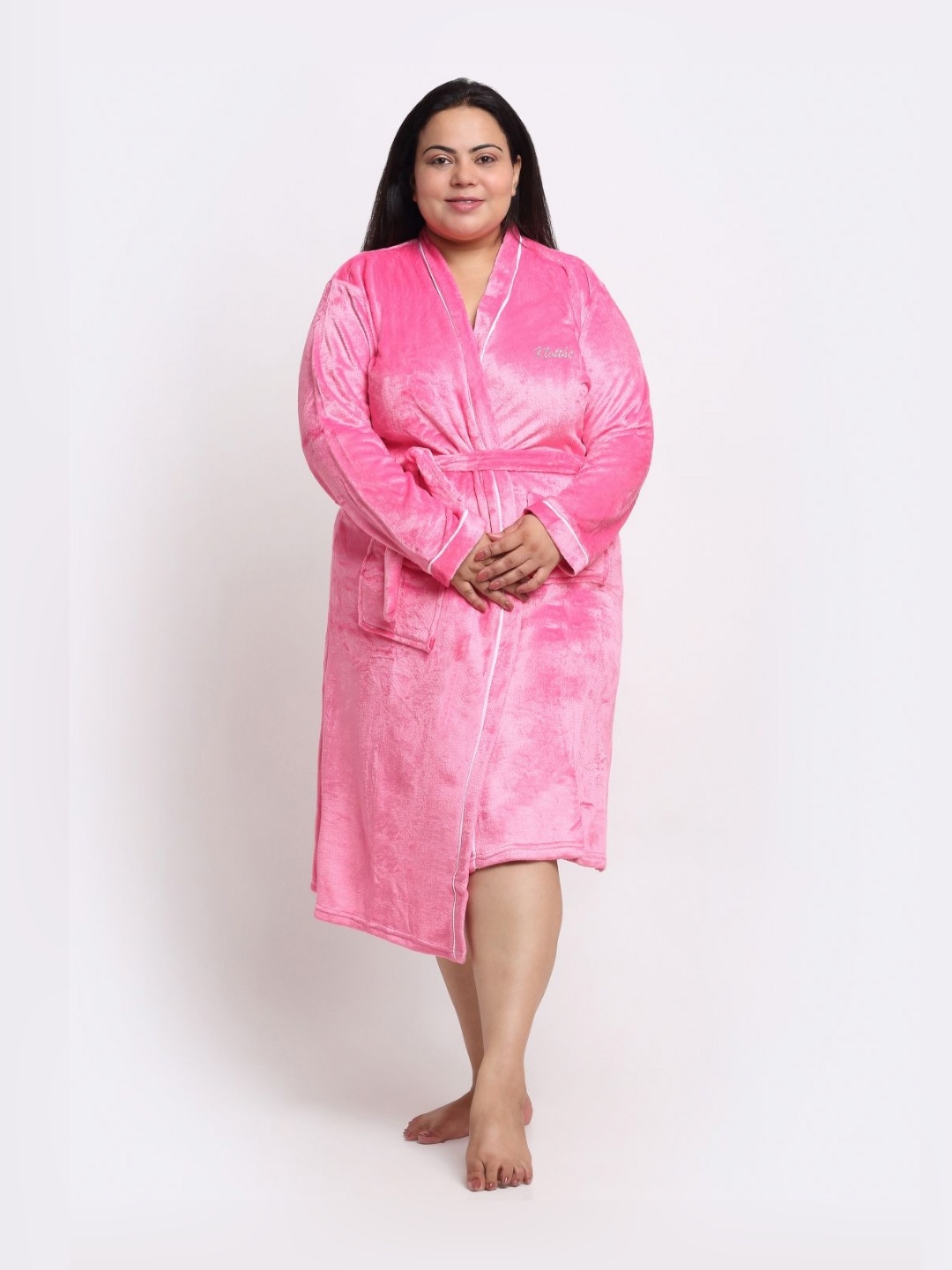 

KLOTTHE Plus Size Pink Woolen Long Sleeves Bath Robe With Belt
