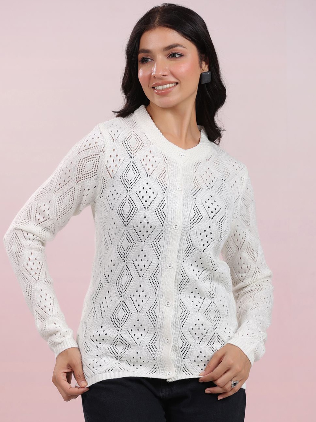 

Janasya Self Design Woollen Winter Cardigan, Off white
