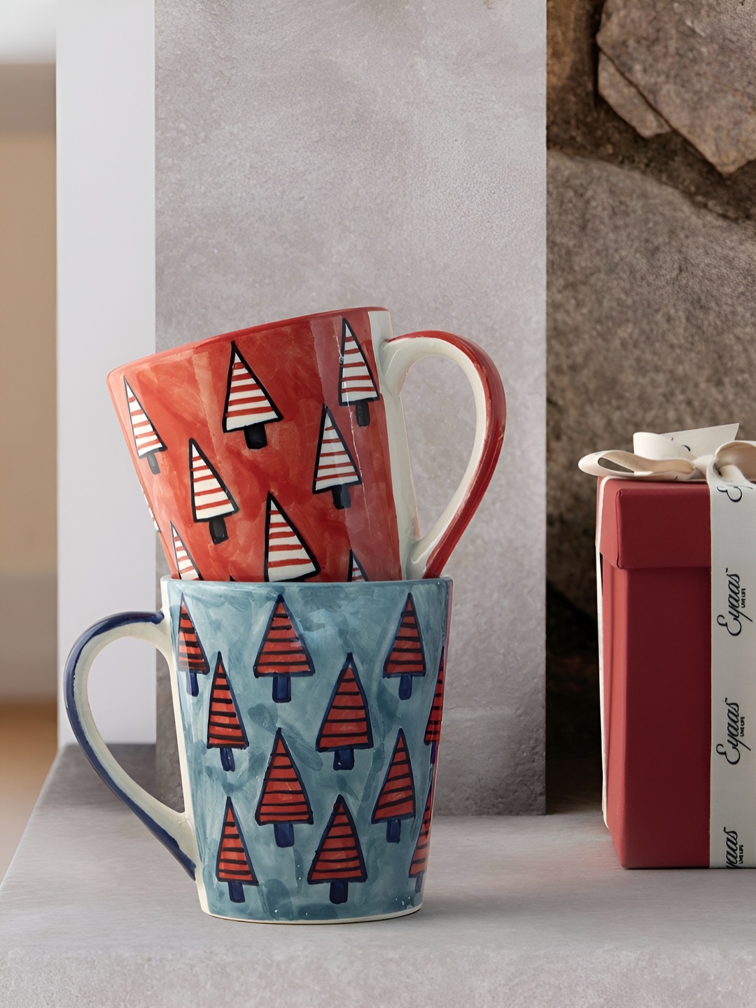 

Eyaas Rust & Blue 2 Pieces Textured Ceramic Glossy Christmas Mugs 350 ml Each