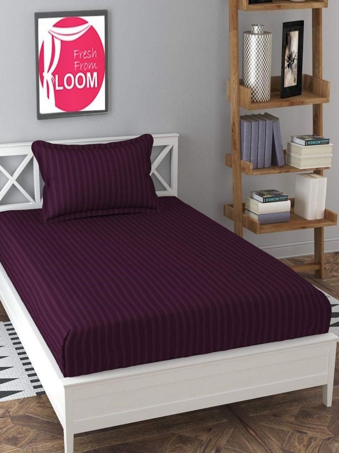 

RRC Burgundyna 144 TC Striped Printed Satin Single Bedsheet Set-1.98 m X 91 cm x 12 cm, Burgundy