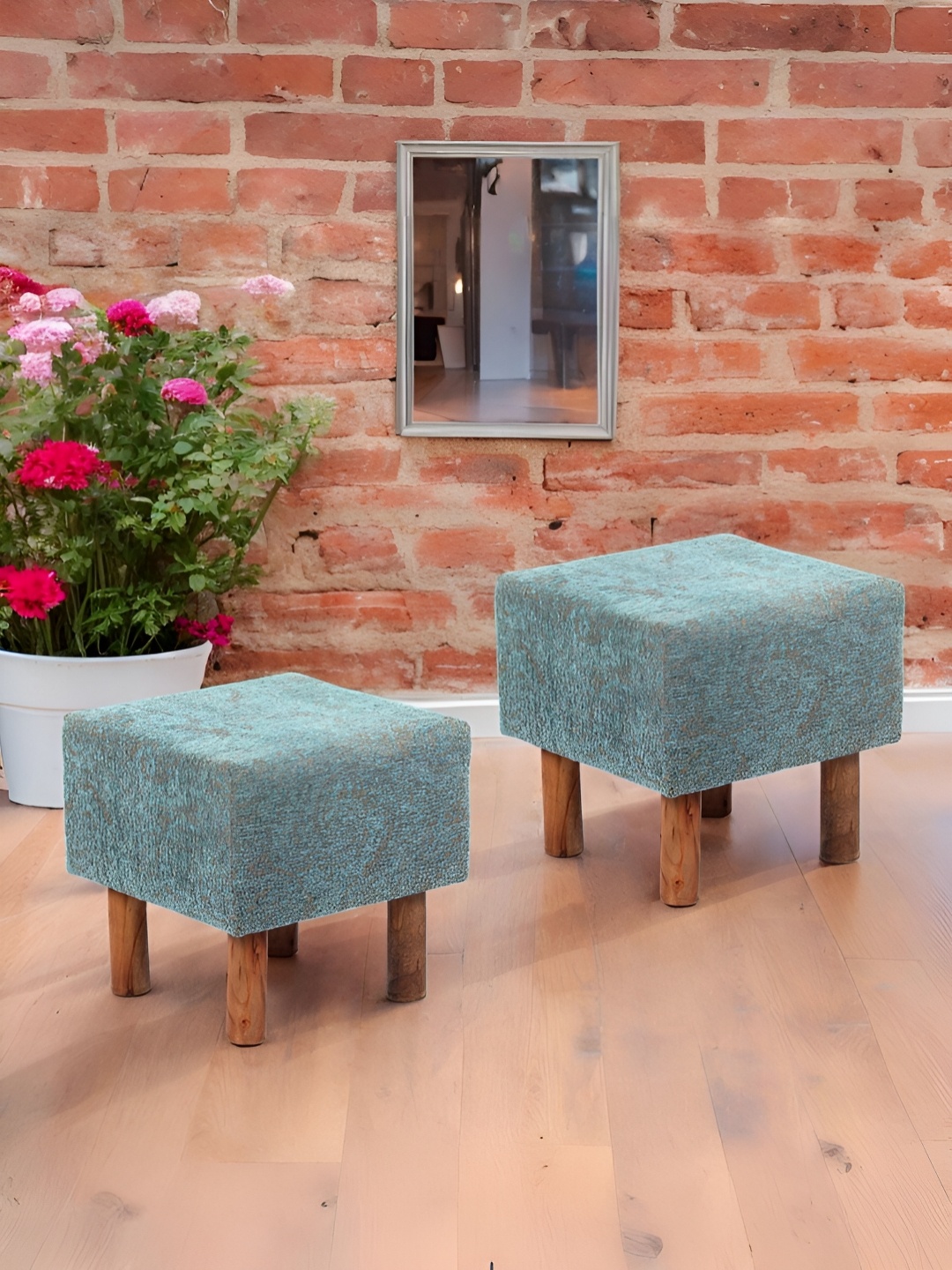 

Ikiriya 2-Pcs Blue & Brown Woven Design Square Ottomans