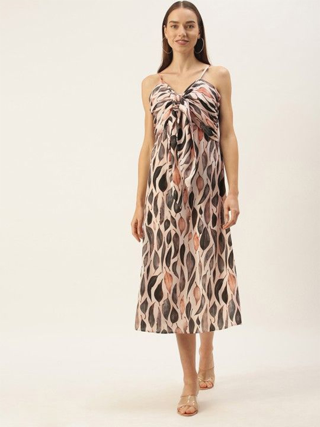 

MELOSO Tropical Print Tie-Up Neck Fit & Flare Maxi Dress, Cream