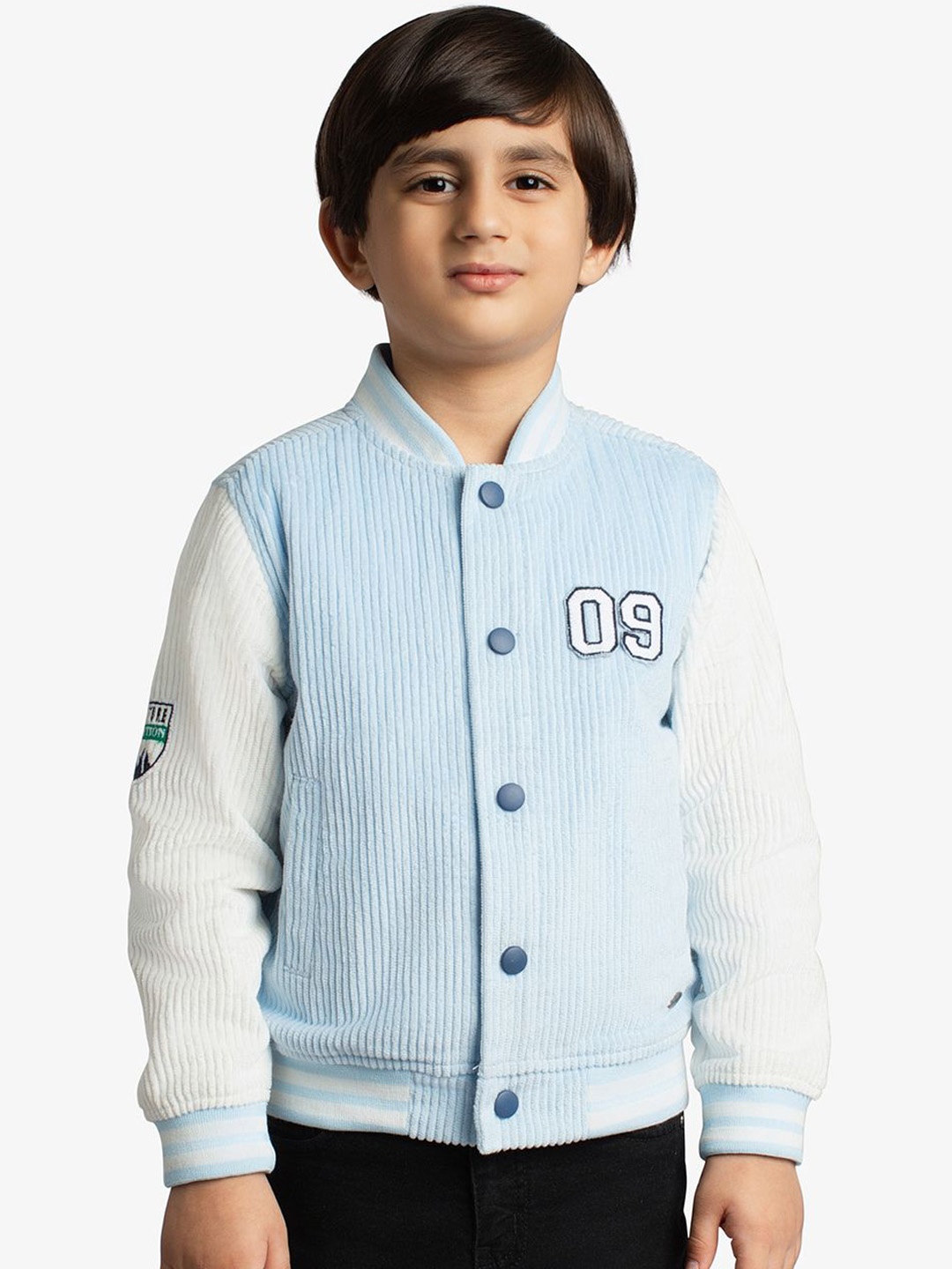 

Ed-a-Mamma Boys Typography Corduroy Outdoor Varsity Jacket with Patchwork, Blue