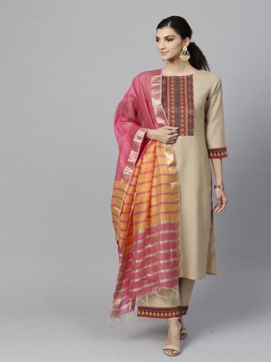 

CreationRajvi Printed Top & Palazzo With Dupatta, Beige