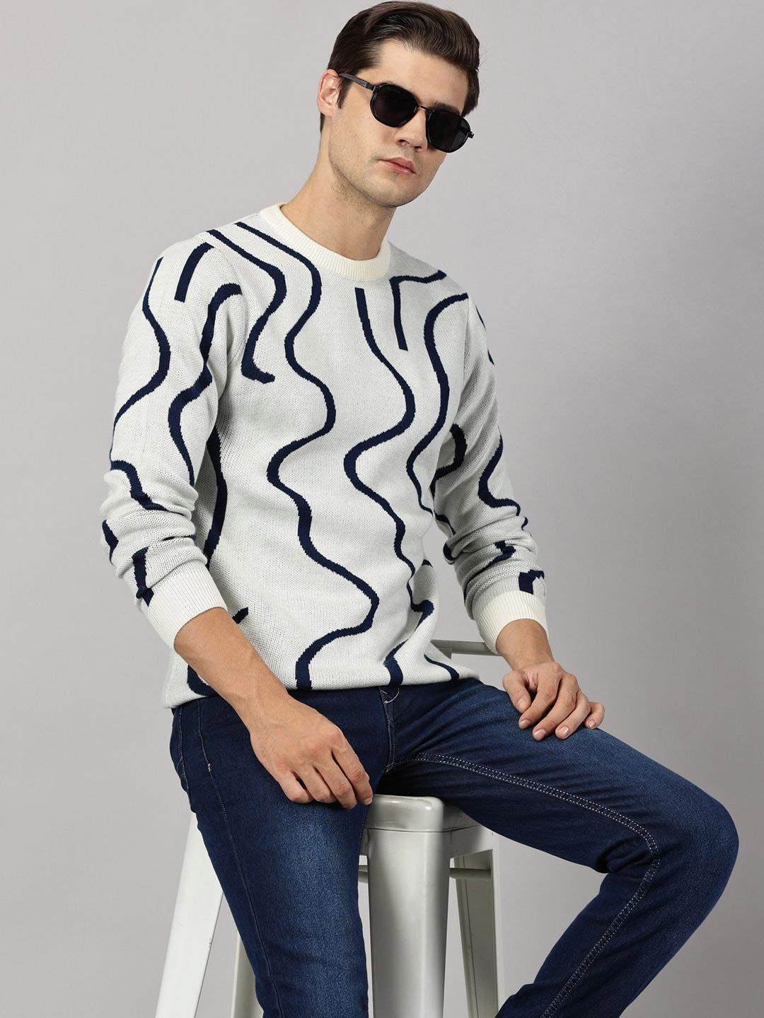 

BLACK BUCK Waves Stripes Crew Neck Sweater, White