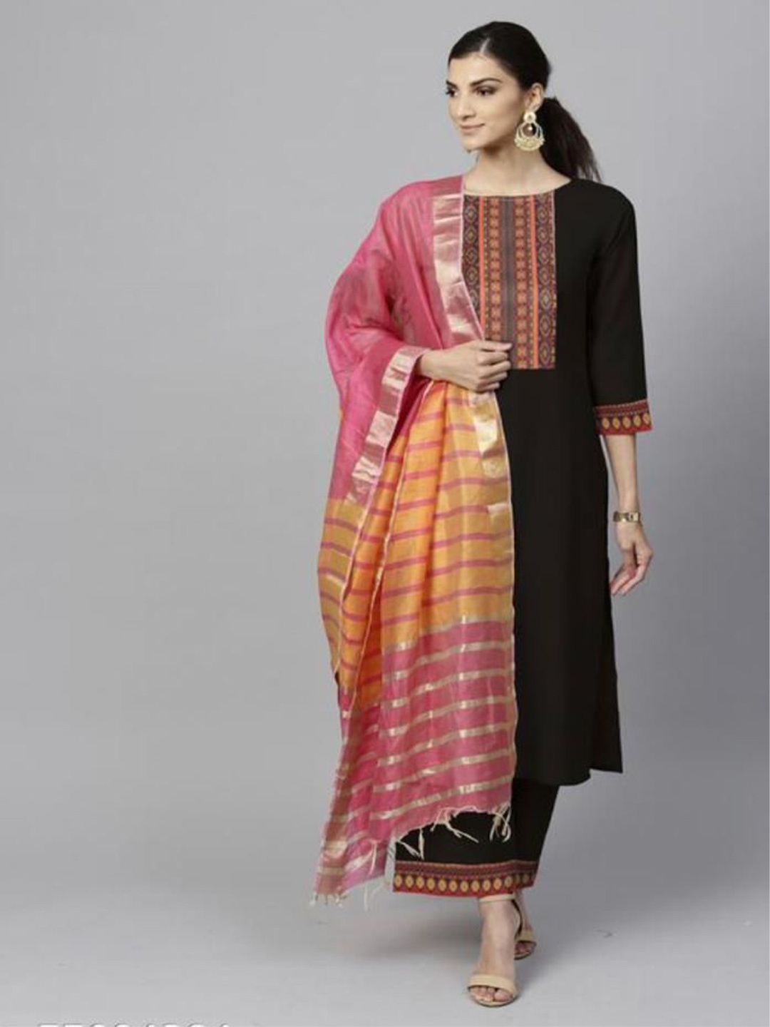 

CreationRajvi Printed Round -Neck Straight Kurta With Palazzos & Dupatta, Black