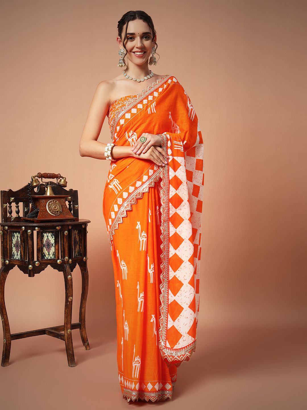 

Anouk Woven Design Block Print Embellished Pure Cotton Saree, Orange