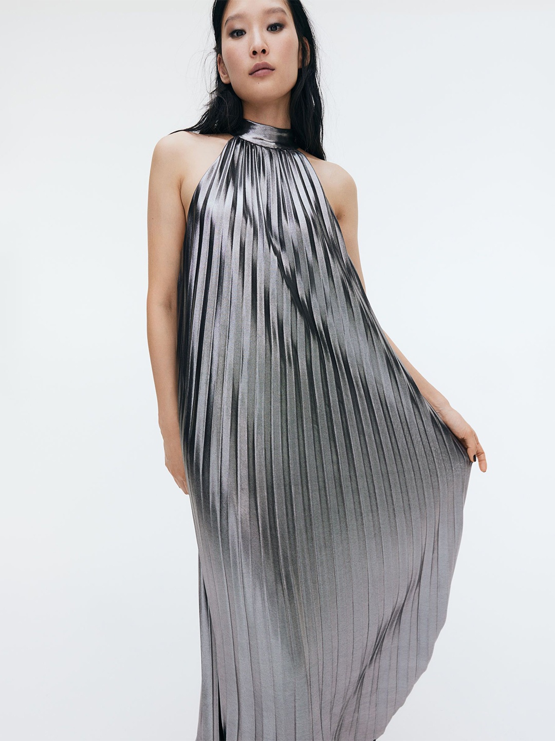 

H&M Pleated Tie-Neck Dress, Silver