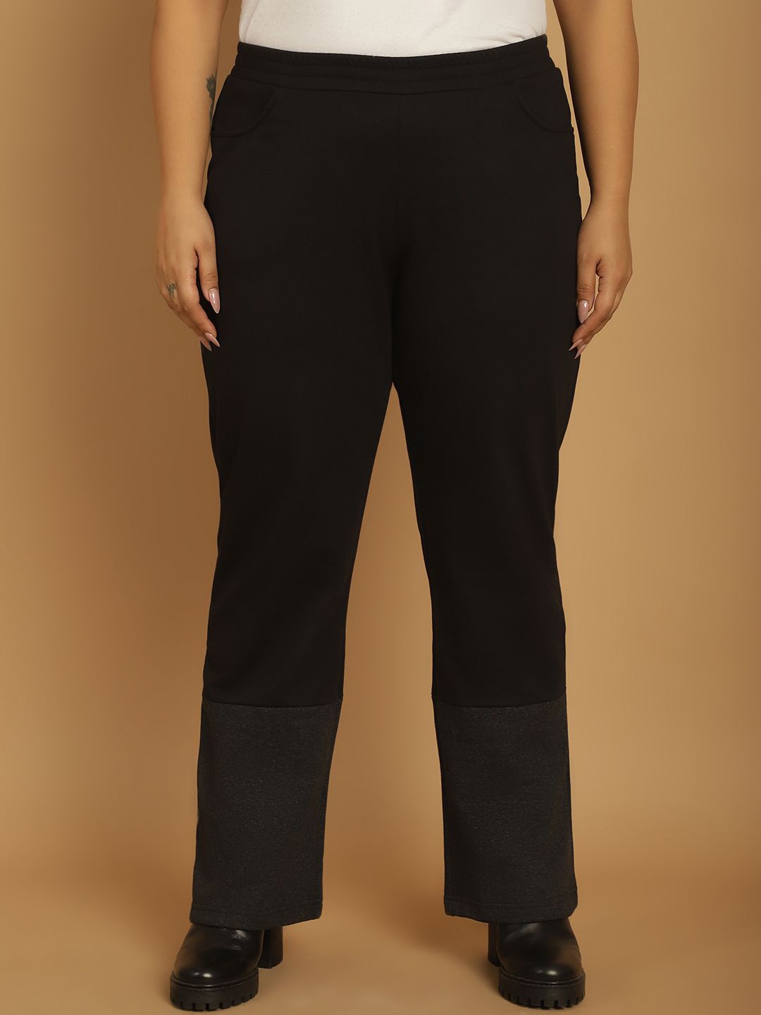 

theRebelinme Women Colourblocked Relaxed Straight Fit High-Rise Trousers, Black