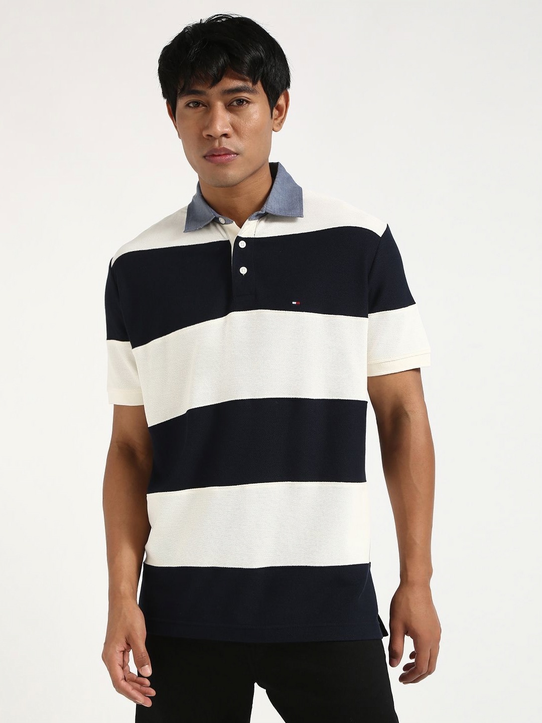 

Tommy Hilfiger Men Striped Polo Collar Cotton T-shirt, Blue
