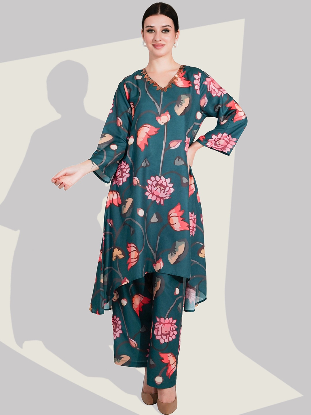 

Dora Dori Women Ethnic Motifs Printed Regular Sequinned Kurta with Trousers, Teal