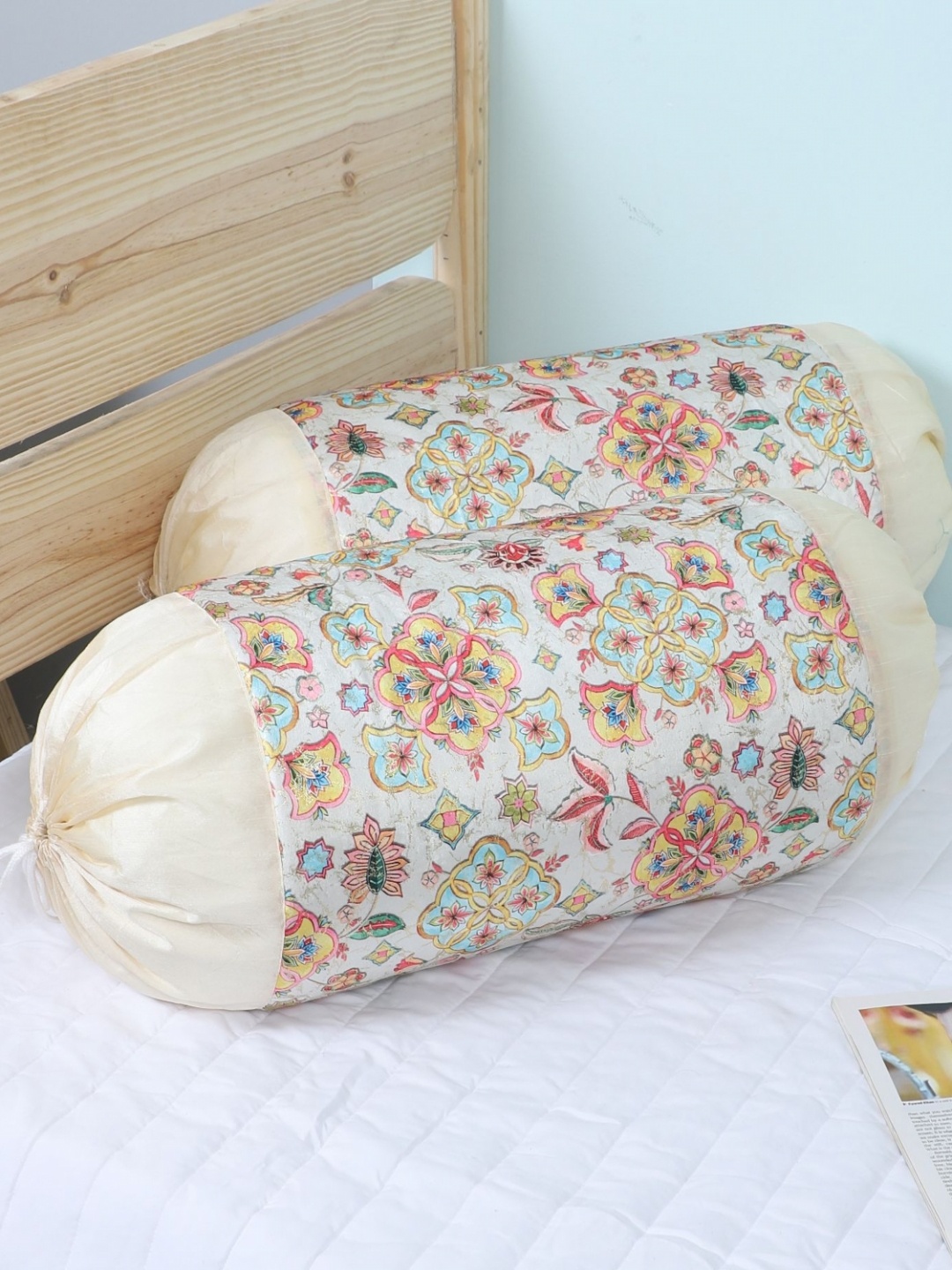 

MFD HOME FURNISHING 2-Pcs Cream Colored & Pink Printed Velvet Bolster Covers