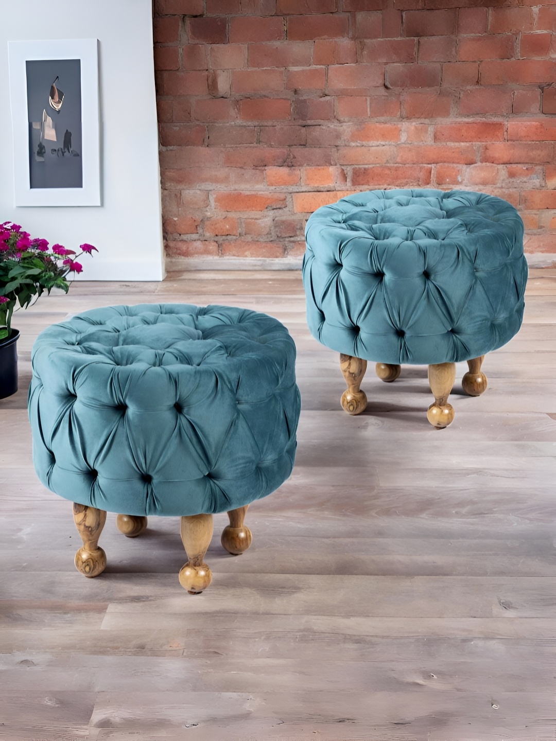 

Ikiriya 2-Pcs Blue & Brown Cylindrical Ottoman, Turquoise blue