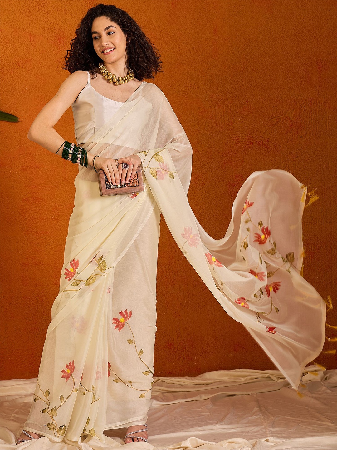 

Saree mall Floral Poly Chiffon Sarees, Off white