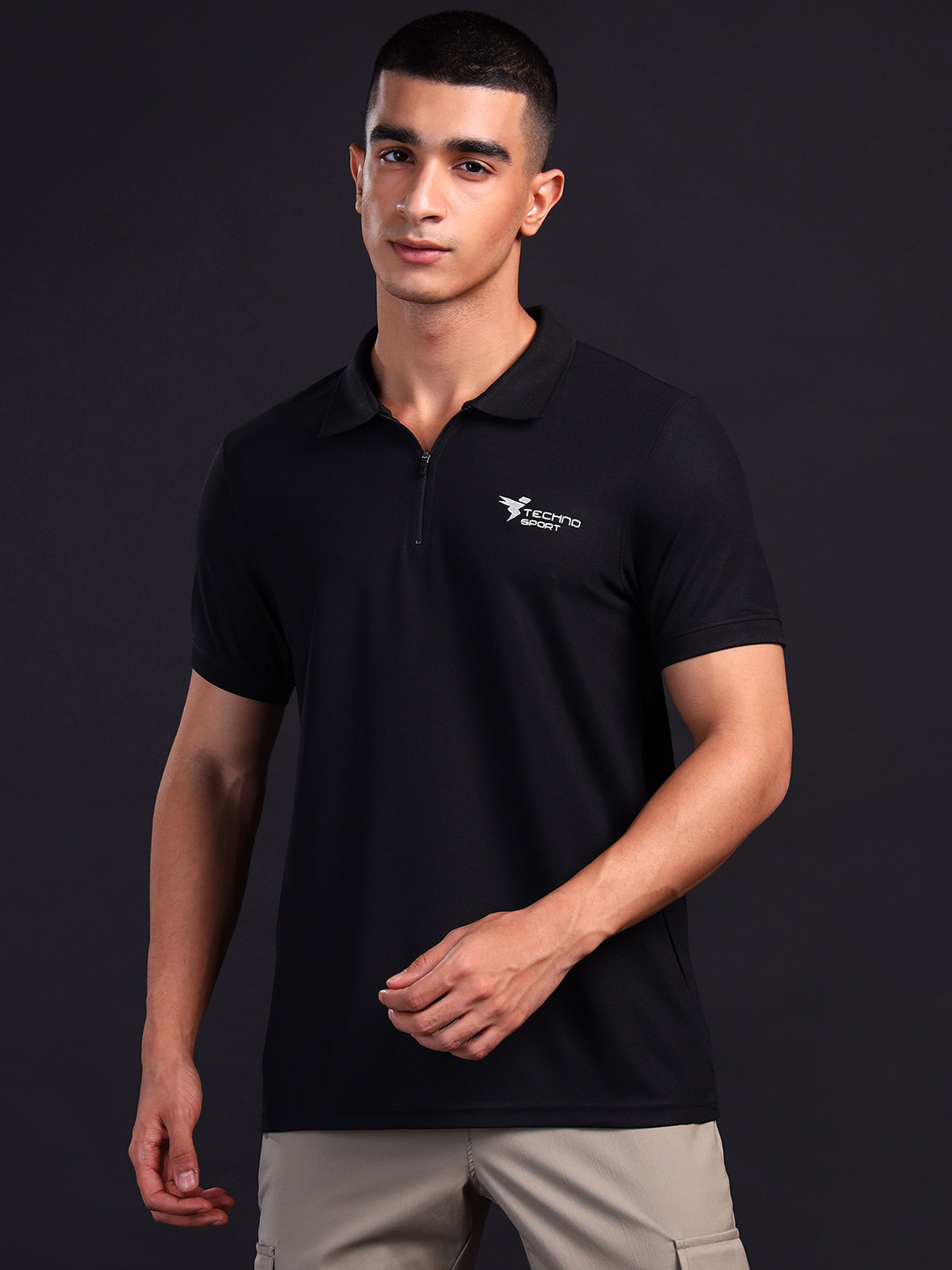 

Technosport Men Polo Collar Antimicrobial Slim Fit T-shirt, Black