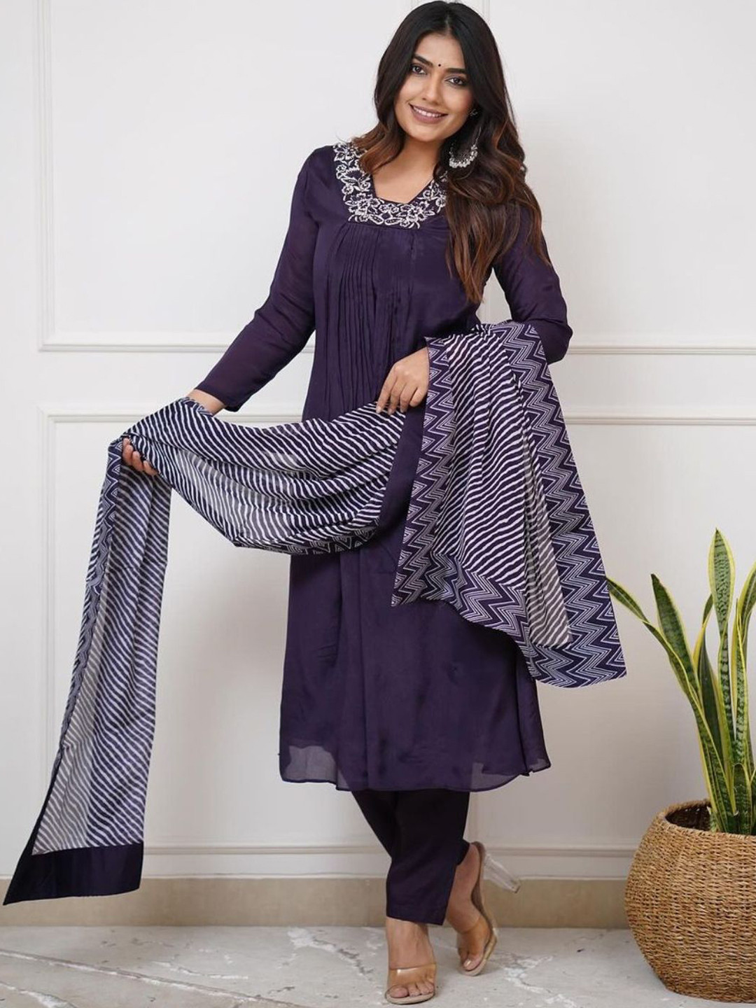 

Jinax Women Floral Yoke Design Regular Thread Work Silk Chiffon Kurta with Trousers & With Dupatta, Purple