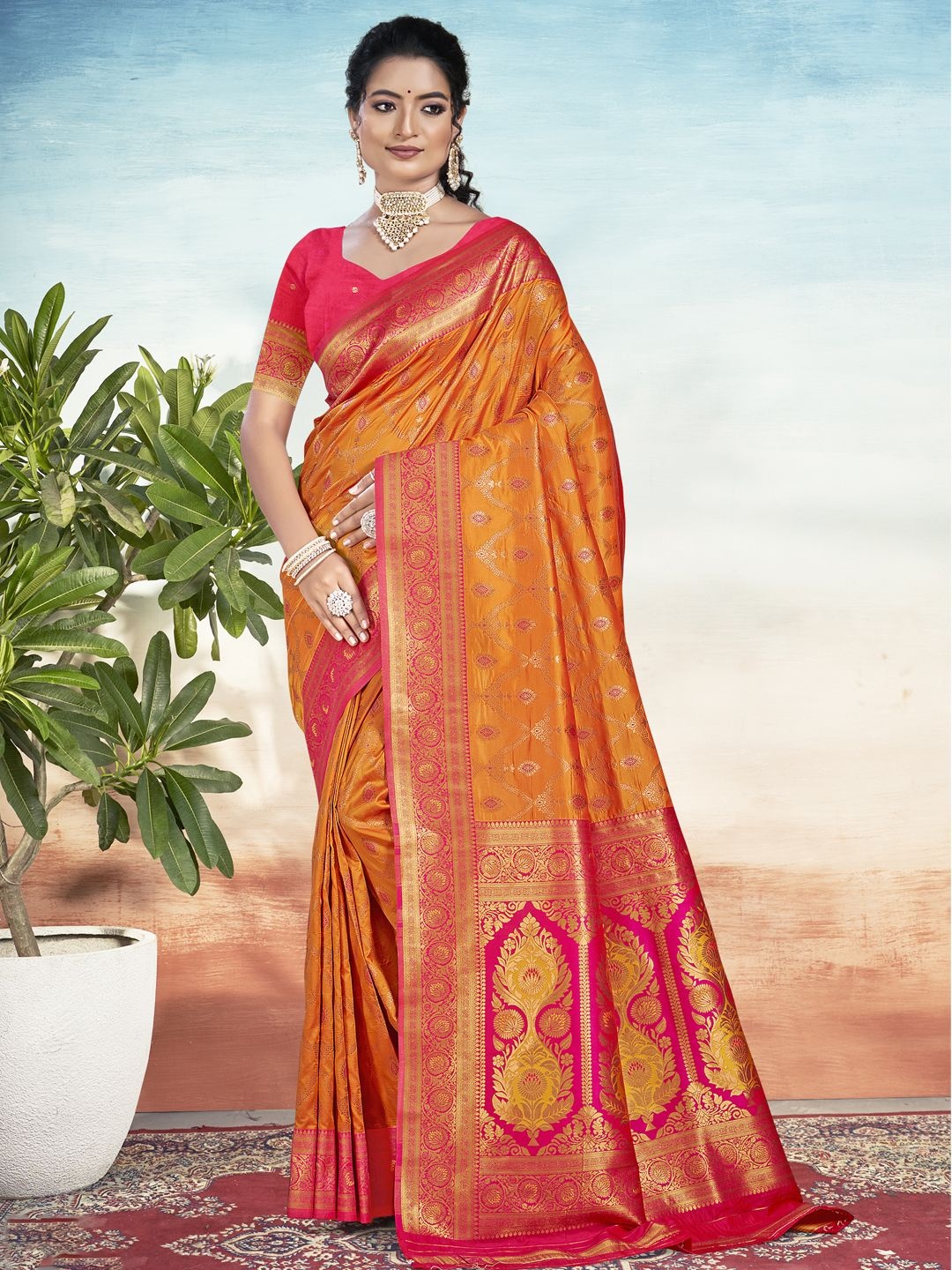 

SANGAM PRINTS Woven Design Zari Silk Blend Tussar Saree, Orange