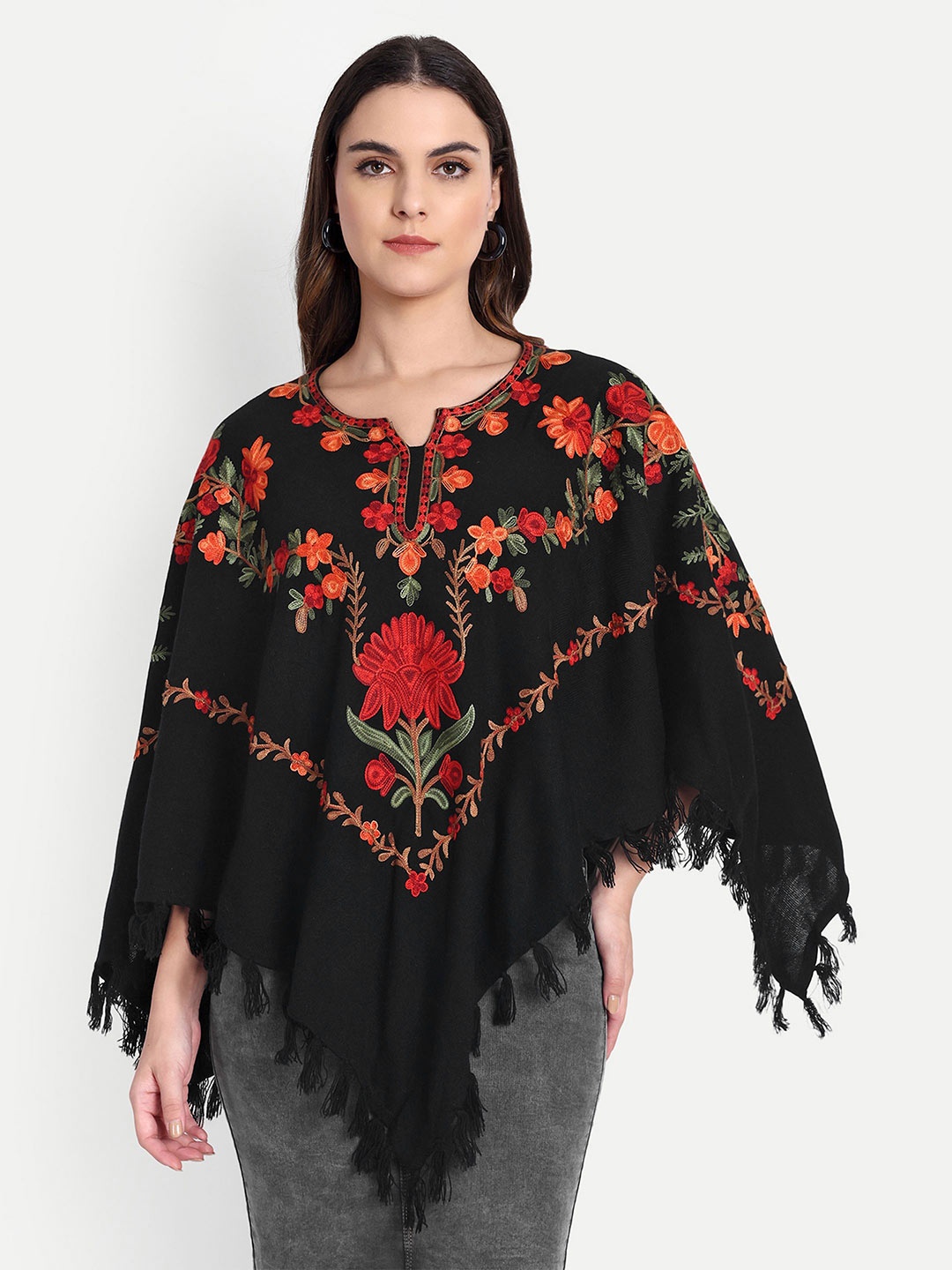 

HAUTEMODA Floral Embroidered Flared Sleeve Woollen Kaftan Top, Black