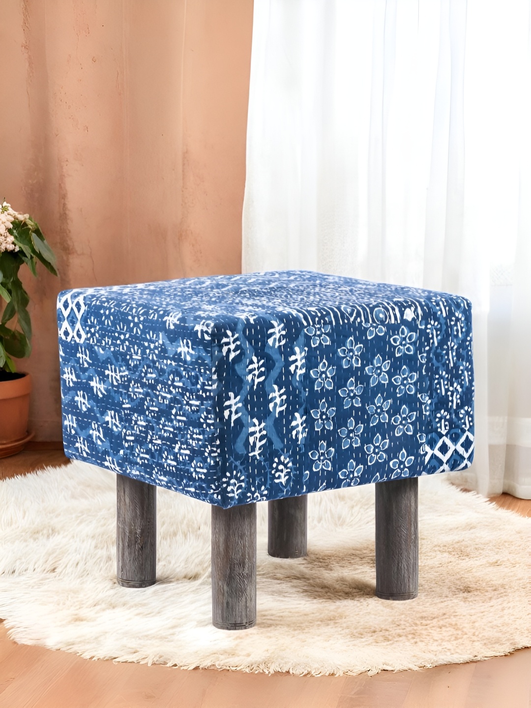 

Ikiriya Blue & Brown Embroidered Square Ottoman
