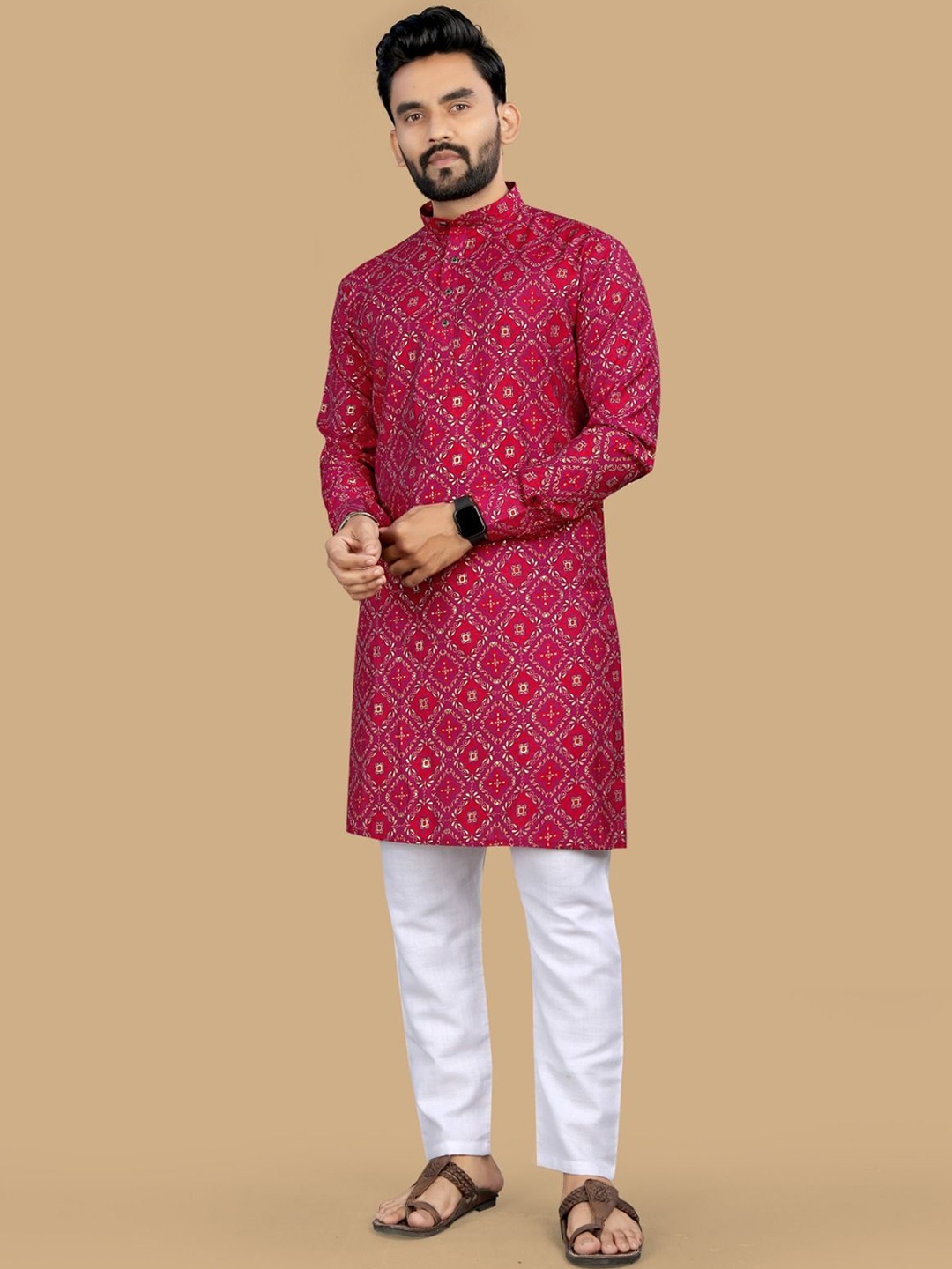 

BAESD Men Ethnic Motifs Printed Sequinned Kurta, Pink