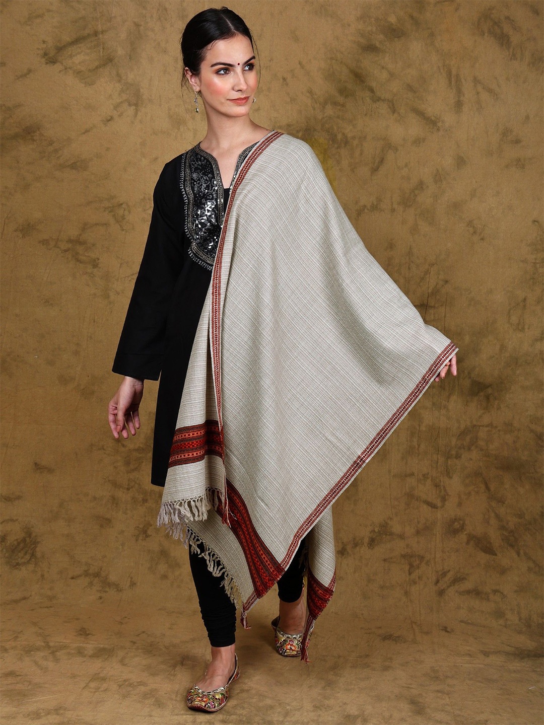 

Exotic India Wool Stole with Woven Kinnauri Border and Stripe Pattern, Grey