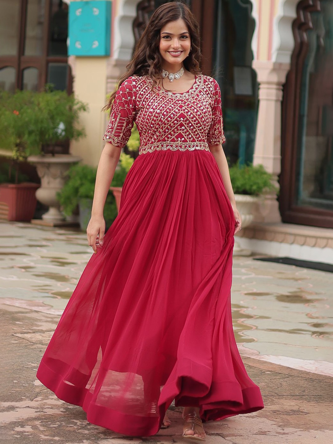 

Fashionuma Women Embroidered Round Neck Maxi Ethnic Dresses, Pink