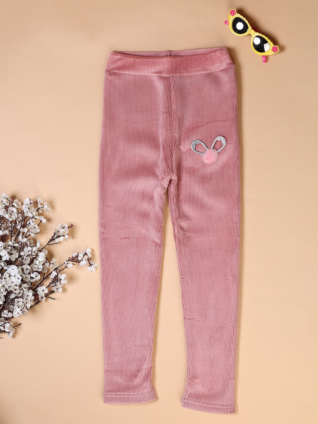 

V-Mart Girls Striped Velvet Ankle Length Leggings, Peach