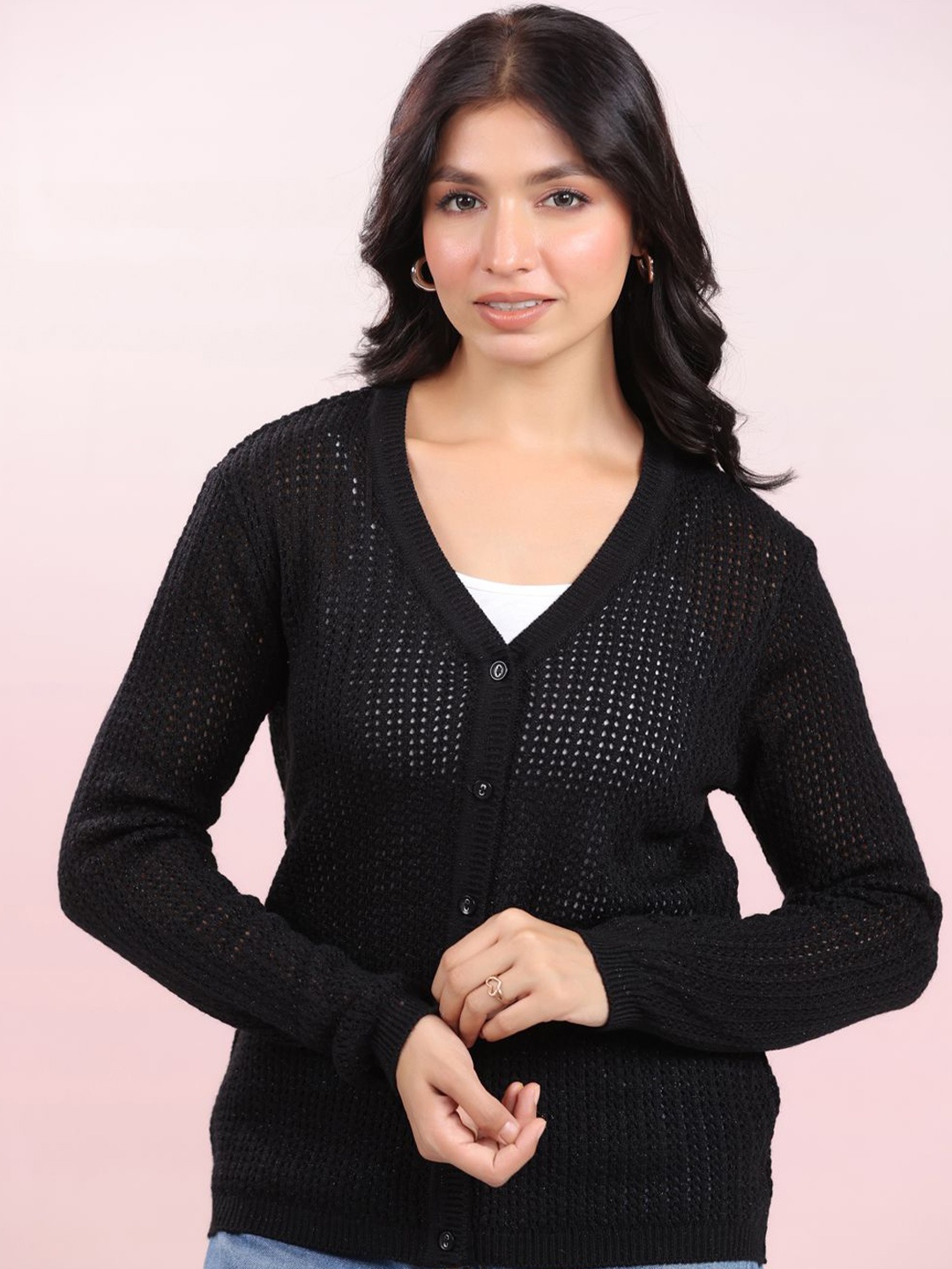 

Janasya Self Design Woollen Winter Cardigan, Black