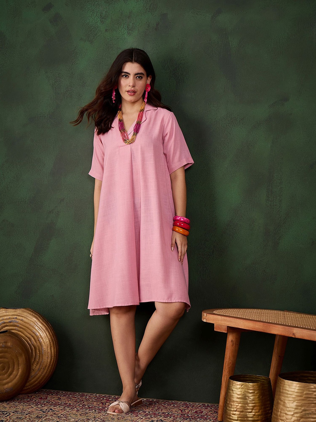 

Sangria Linen Flared Knee Length Dress, Pink