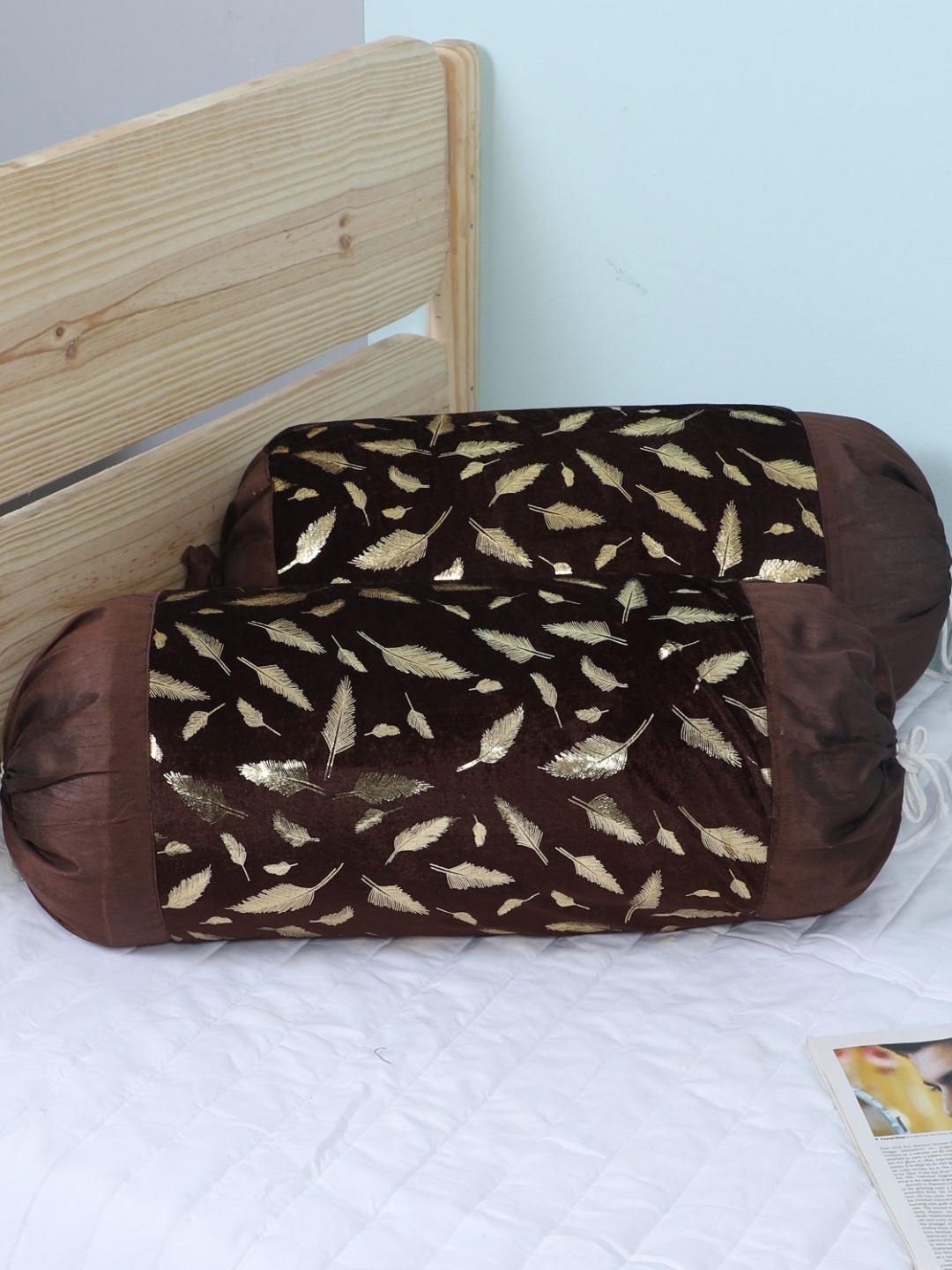 

MFD HOME FURNISHING 2-Pcs Brown & Yellow Printed Velvet Bolster Covers