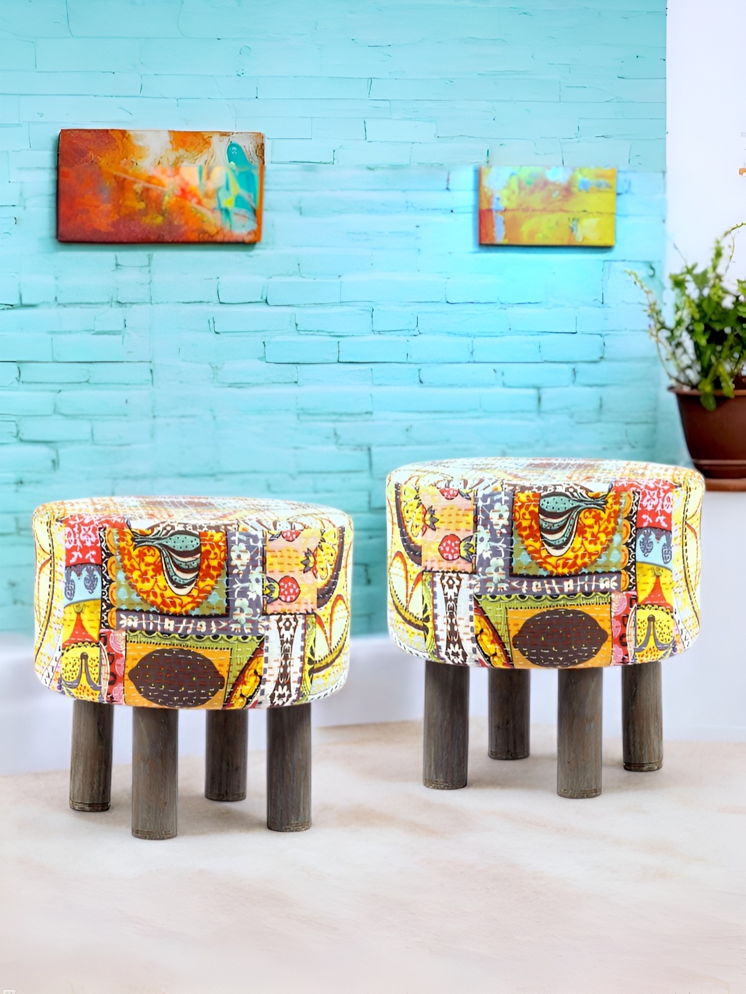 

Ikiriya 2-Pcs Yellow & Brown Embroidered Round Ottomans