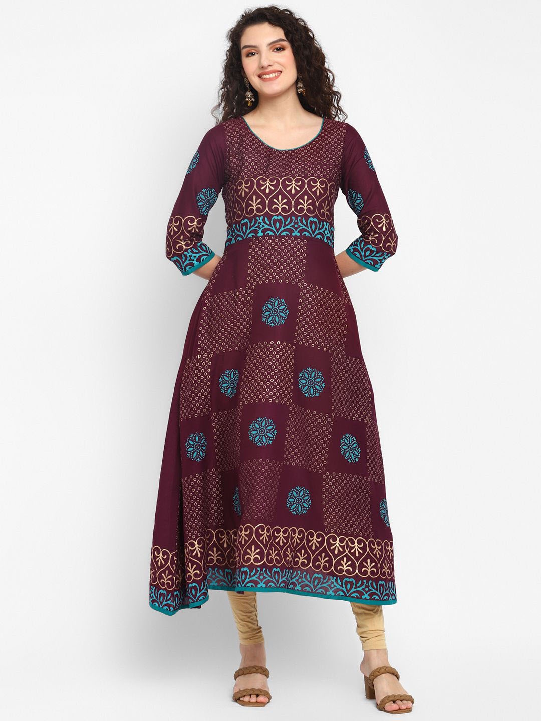 

CROESUS Women Block Printed Cotton Anarkali Kurta, Maroon