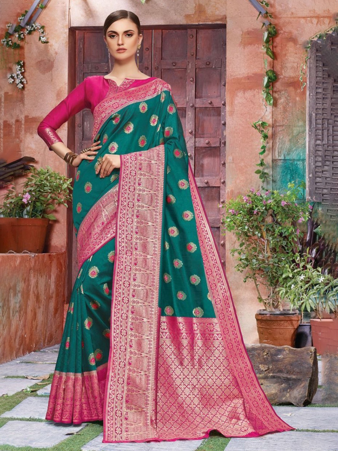 

Jinax Woven Design Pure Silk Banarasi Saree, Teal
