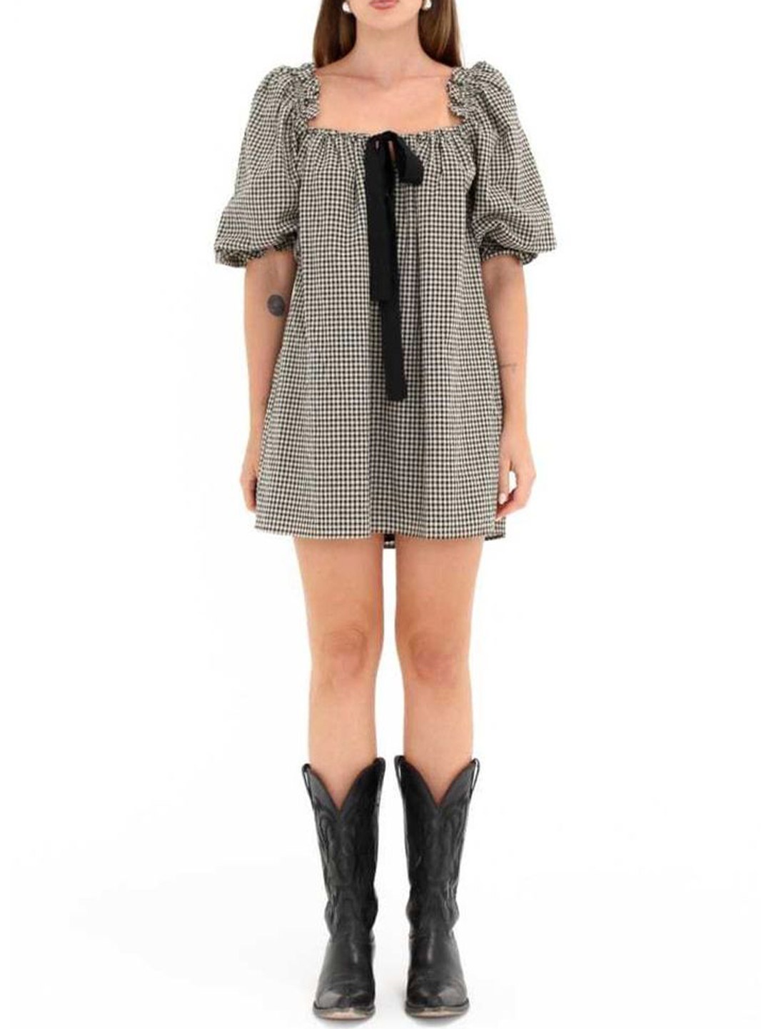 

LULU & SKY Women Checked Puff Sleeve A-Line Dress, Black