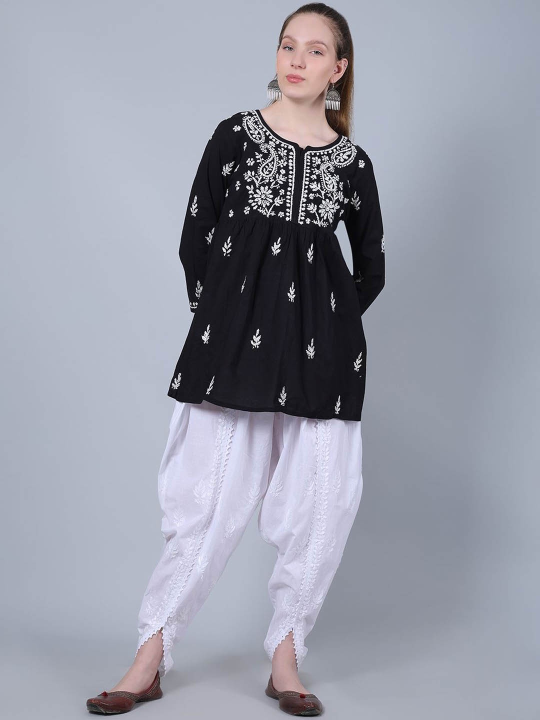 

Seva Chikan Women Ethnic Motifs Embroidered Regular Chikankari Kurti with Dhoti Pants, Black