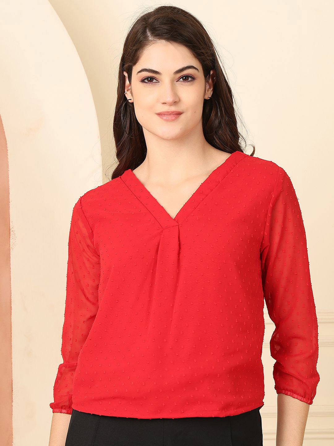 

NEUDIS Chiffon Self-Designs V-Neck 3/4th Sleeves Tops, Red